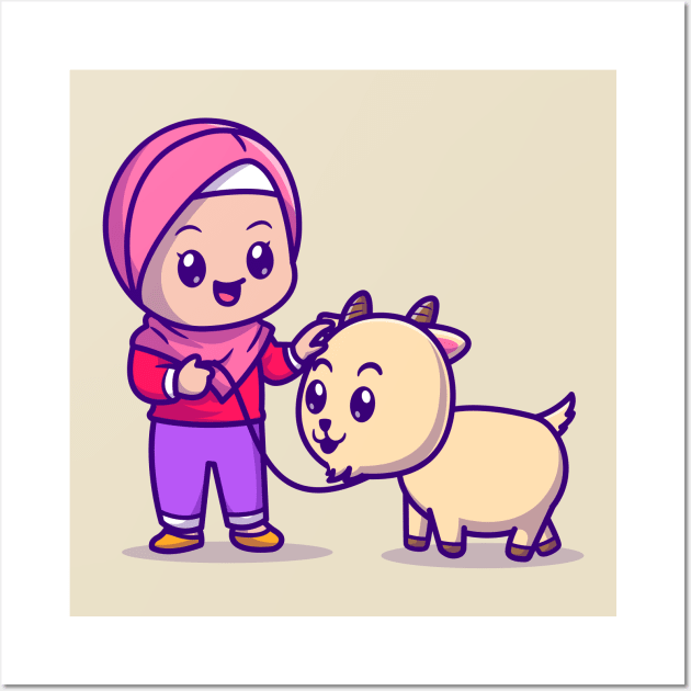 Cute Moslem Girl With Goat Cartoon Wall Art by Catalyst Labs